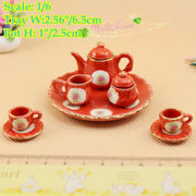 1:6 Dollhouse Miniatures Red Tea Coffee Set Pot Cup Tableware UK Style